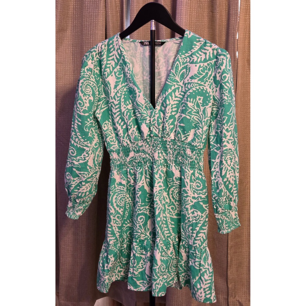 Zara‎ Ruffled V-Neck Mini Dress Women's Size XS Green White Stretchy Cuffs
